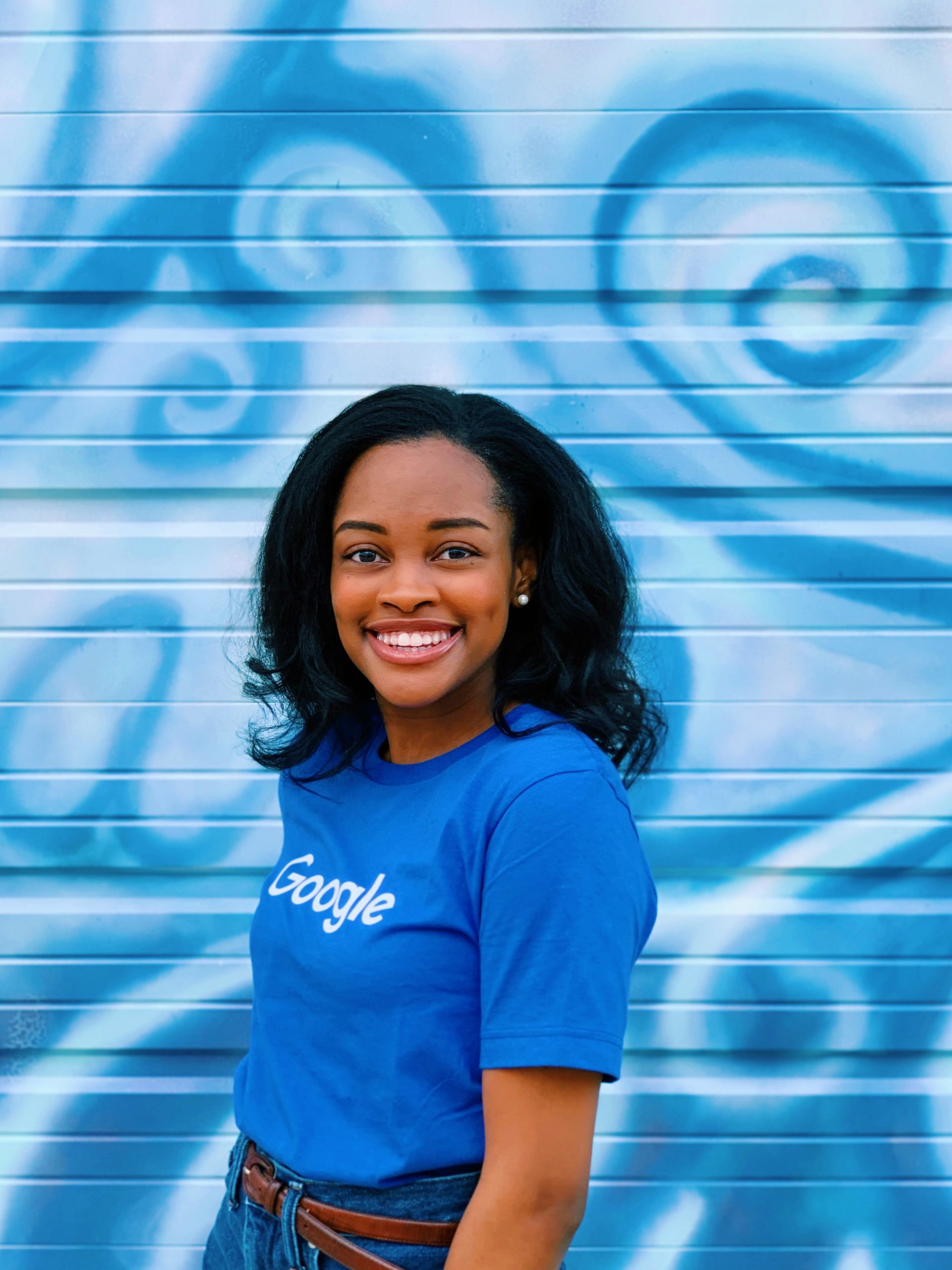 michelle in blue with blue background